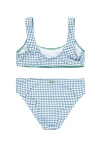 Modrý a zelený károvaný bikini set vyrobený z tkaniny s hladkým povrchom. Vrchný diel má široké ramienka; spodný diel má klasický strih. Zelené lemovanie dodáva na atraktivite.