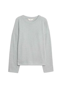 Helles graues, langärmliges Rippensweatshirt mit Rundhalsausschnitt und geradem Saum, flach vor einem weißen Hintergrund präsentiert.