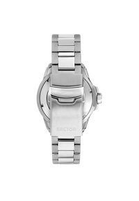 Orologio in acciaio inossidabile argento con finitura lucida e spazzolata, dotato di un bracciale solido e di un logo sulla chiusura.