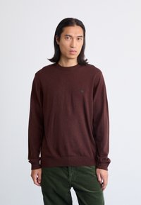 Brauner Strickpullover mit rundem Ausschnitt und langen Ärmeln, mit einem kleinen schwarzen Logo auf der Brust. Getragen mit grünen Cordhosen.