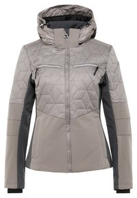 Veste d'hiver pour femme gris clair avec un devant matelassé, deux poches poitrine zippées, une fermeture éclair complète à l'avant, une capuche, et des panneaux latéraux et manches gris plus foncé.