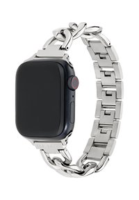 Smartwatch z kwadratową czarną tarczą, stalową bransoletą z ogniwami, czerwoną akcentem na bocznym przycisku oraz wygrawerowanym napisem "TED BAKER" na zapięciu.