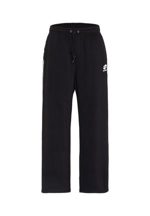 Schwarze locker sitzende Sweatpants mit elastischem Bund und Kordelzug, mit weißem Lotto-Logo am oberen linken Oberschenkel.