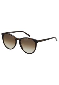 Ochelari de soare cu model țestoasă, cu un design rotunjit, lentile degrade maro și accente aurii cu logo pe temple. Ramă din plastic elegantă.