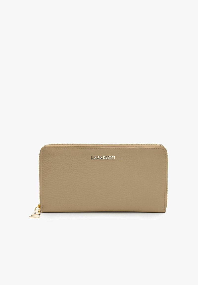 Portafoglio in pelle marrone chiaro con superficie texturizzata, dotato di chiusura con zip e nome del marchio "LAZAROTTI" impresso in argento sulla parte anteriore.