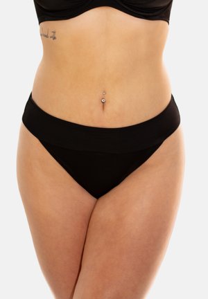 Black high-waisted bikini bottoms in smooth fabric. Features a wide elastic waistband and a classic cut for full coverage. No patterns or accents.