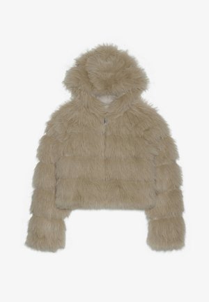 Giacca corta in pelliccia sintetica beige con cappuccio, caratterizzata da un esterno testurizzato e shaggy e una cerniera anteriore. Design imbottito a blocchi.