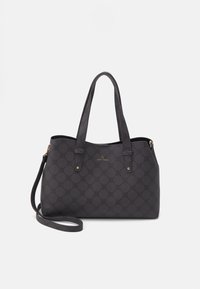 Bolsa tote negra con estampado, equipada con dos asas, que presenta herrajes en tono dorado y una correa de hombro desmontable. Textura suave y forma estructurada.
