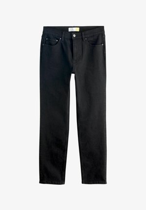 Sort denimjeans med tætsiddende pasform, der har lukning med knapper, fem lommer og diskrete syningsdetaljer langs sømmene.