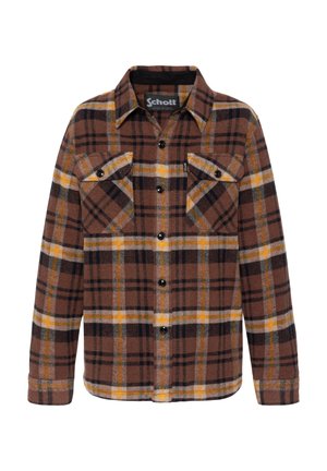 Veste-chemise en flanelle à carreaux brun, jaune et noir avec manches longues, boutons sur le devant, deux poches poitrine à boutons et un col pointu.