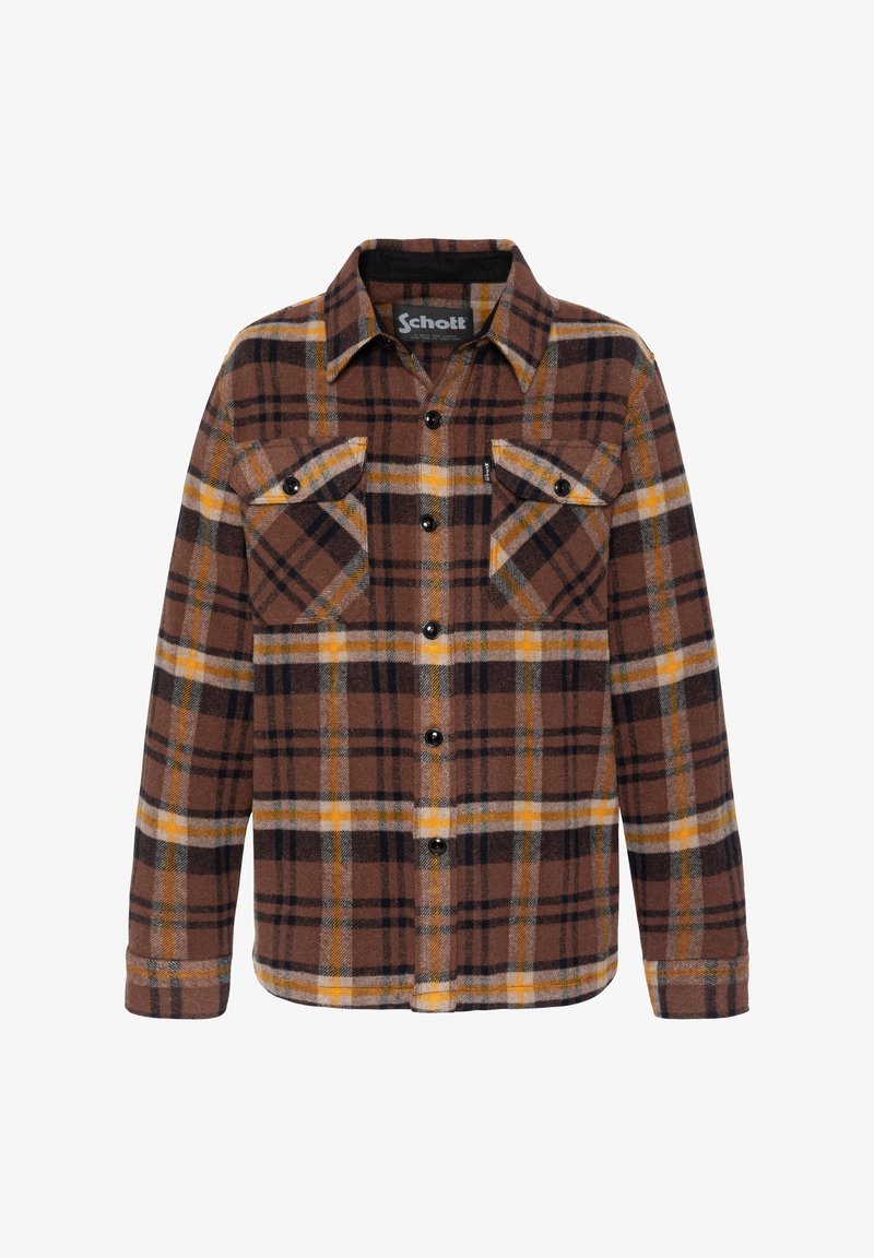 Veste-chemise en flanelle à carreaux brun, jaune et noir avec manches longues, boutons sur le devant, deux poches poitrine à boutons et un col pointu.