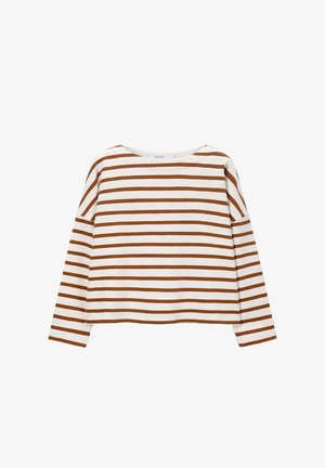 Haut à rayures à manches longues en crème et marron, doté d'un large décolleté bateau et d'une coupe décontractée avec un tissu doux et texturé.