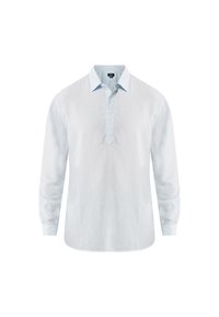 Světle modrá košile s dlouhým rukávem ze směsi lnu, s límečkem a polo zapínáním vpředu, s manžetami na zápěstí.
