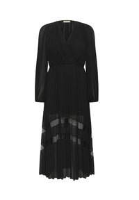 Vestido negro plisado con mangas largas, escote en V y lazo en la cintura. Capa inferior transparente con volantes en capas. Tejido suave y fluido.