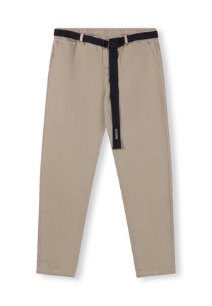 Pantaloni beige con taglio morbido e vita elasticizzata, dotati di una cinta nera regolabile e tasche laterali. Tessuto dalla texture liscia.