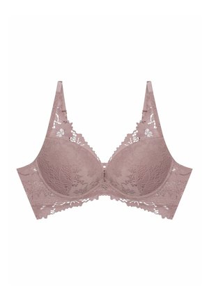 Mauve lace bra with floral patterns, soft cups, wide lace band, adjustable straps, and a center silver metal accent.