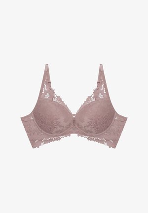 Fioletowy koronkowy stanik z kwiatowymi wzorami, miękkimi miseczkami, szeroką koronkową taśmą, regulowanymi ramiączkami oraz centralnym srebrnym akcentem metalowym.