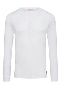 Hvid skjorte med lange ærmer, rund halsudskæring og knaplukning. Blødt bomuldsstof med et logo mærke i nederste venstre hjørne.