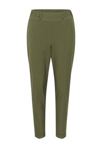 Olive green tapered trousers with a waistband, smooth texture, and no visible pockets. Hemmed cuffs at the ankle. Lightweight fabric.
