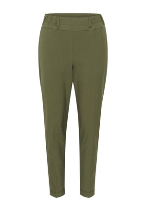 Olive green tapered trousers with a waistband, smooth texture, and no visible pockets. Hemmed cuffs at the ankle. Lightweight fabric.