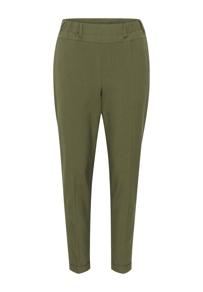 Pantaloni tapered di colore verde oliva con vita, texture liscia e senza tasche visibili. Orlo in fondo alla caviglia. Tessuto leggero.