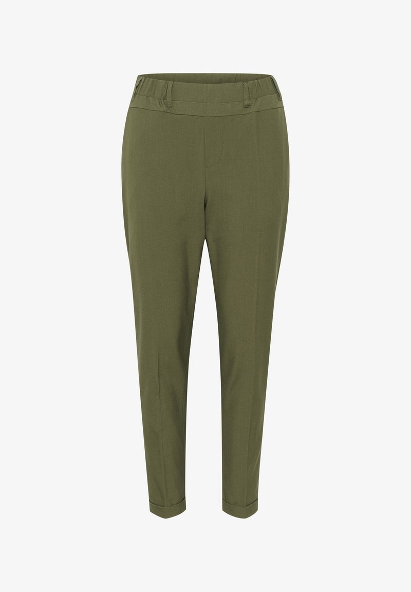 Pantaloni tapered di colore verde oliva con vita, texture liscia e senza tasche visibili. Orlo in fondo alla caviglia. Tessuto leggero.