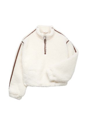 Hvid fleece pullover med kvart lynlås foran og brun kant langs lynlåsen og ærmerne, med lange ærmer og høj krave.