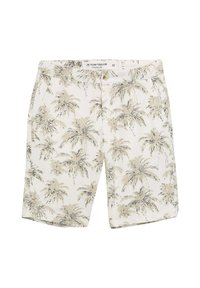 Herren Shorts in hellbeige mit einem Palmenbaum-Druck. Hergestellt aus einem Stoff mit glatter Textur; verfügt über Seitentaschen und einen Knopfverschluss.