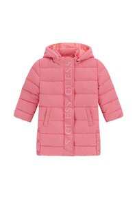 Giacca imbottita rosa con cappuccio, caratterizzata da un logo verticale sulla parte anteriore, due tasche laterali e dettagli con bottoni a pressione. Tessuto texturizzato.