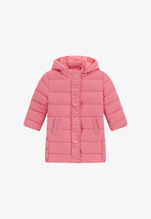 Giacca imbottita rosa con cappuccio, caratterizzata da un logo verticale sulla parte anteriore, due tasche laterali e dettagli con bottoni a pressione. Tessuto texturizzato.