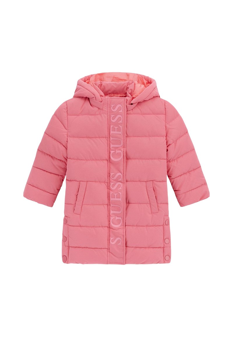 Giacca imbottita rosa con cappuccio, caratterizzata da un logo verticale sulla parte anteriore, due tasche laterali e dettagli con bottoni a pressione. Tessuto texturizzato.