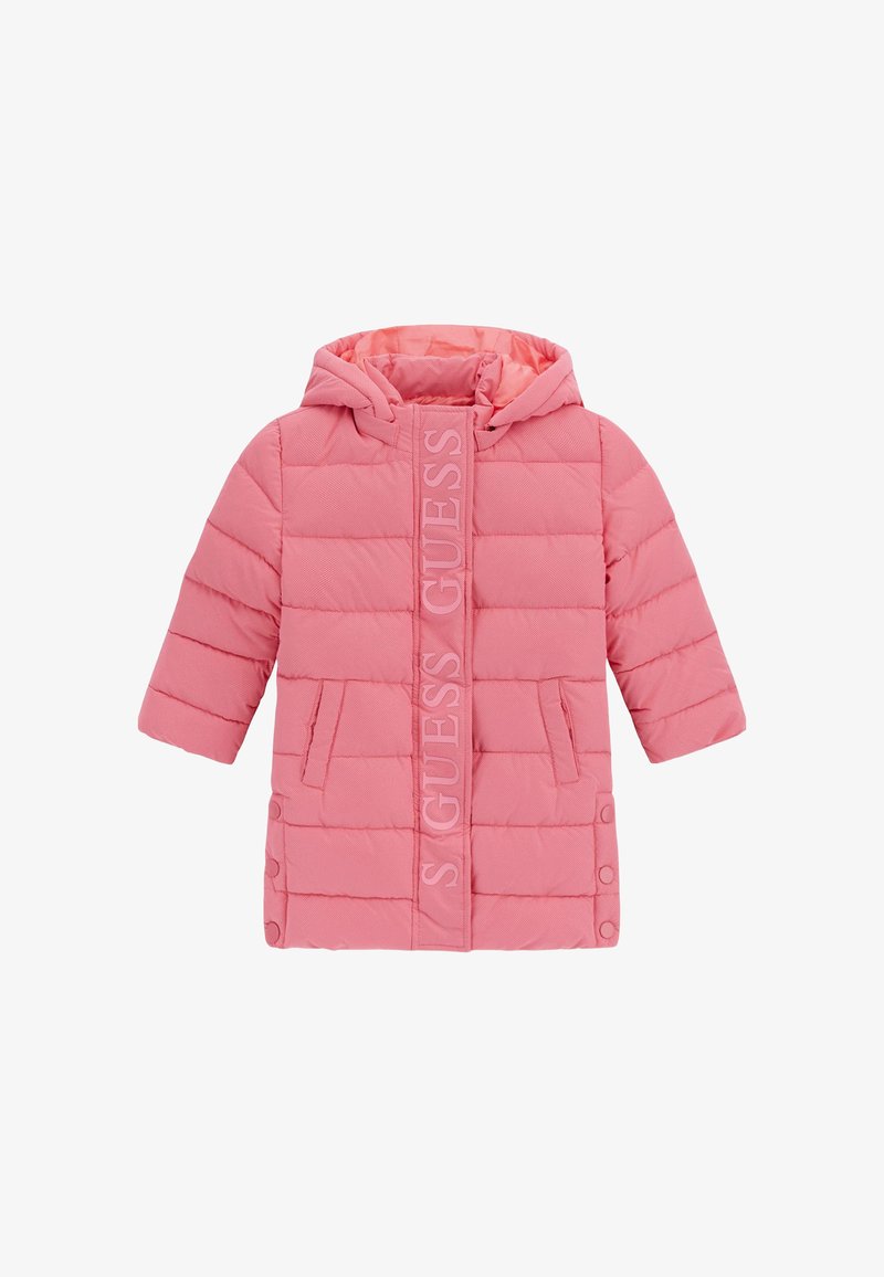 Giacca imbottita rosa con cappuccio, caratterizzata da un logo verticale sulla parte anteriore, due tasche laterali e dettagli con bottoni a pressione. Tessuto texturizzato.