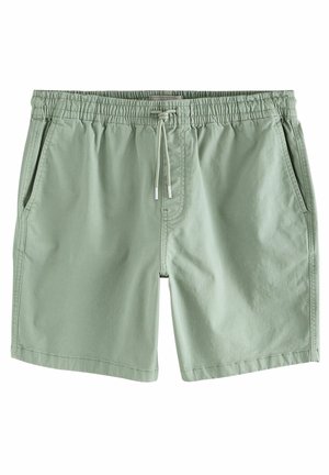 Lysegrønne shorts lavet af blødt stof, med elastisk talje og snor, to sidelommer og et enkelt design.