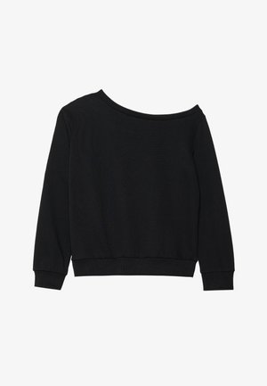 Melna off-shoulder džemperis ar garām piedurknēm, ribinātas aproces un josta no mīksta, viegla auduma. Vienkāršs, bez rotājumiem dizains.