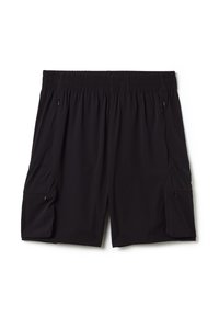 Shorts cargo noirs en matériau léger, dotés d'une taille élastique, de poches latérales et d'une texture lisse.