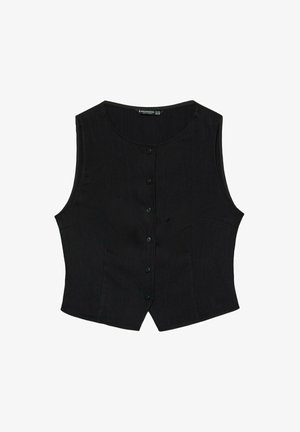 Black sleeveless vest with a round neckline, front button closure, and tapered shape. Made of a smooth fabric with minimal texture.