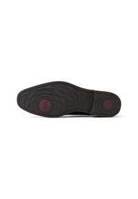 Soletta di scarpa in gomma nera con un motivo di battistrada ondulato e un accento circolare rosso. Il materiale è opaco e presenta una texture resistente.