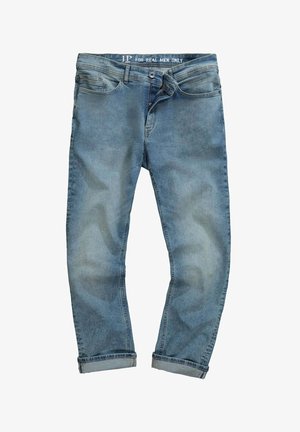 Jeans in denim blu chiaro con una vestibilità comoda, dotati di chiusura a bottone, cinque tasche e orli arrotolati. Il tessuto presenta una finitura sbiadita.