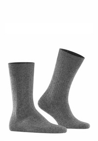 Graue Baumwollsocken mit gerippten Bündchen, glatter Textur und vertikalen Streifen. Das Design zeichnet sich durch eine klassische Knöchellänge aus.