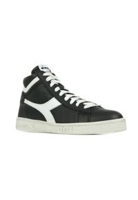 Sneaker alta in pelle nera con accenti bianchi, dotata di una suola in gomma bianca texturizzata, lacci bianchi piatti e colletto alla caviglia imbottito.