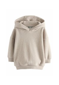 Felpa beige realizzata in tessuto morbido, con scollo ampio, vestibilità ampia, e polsini a coste con orlo leggermente accorciato. Senza motivi o parti metalliche distintive.