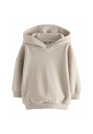 Jasnobeżowa, oversize bluza z kapturem z długimi rękawami oraz ściągaczami na mankietach i dole, przedstawiona na białym tle.