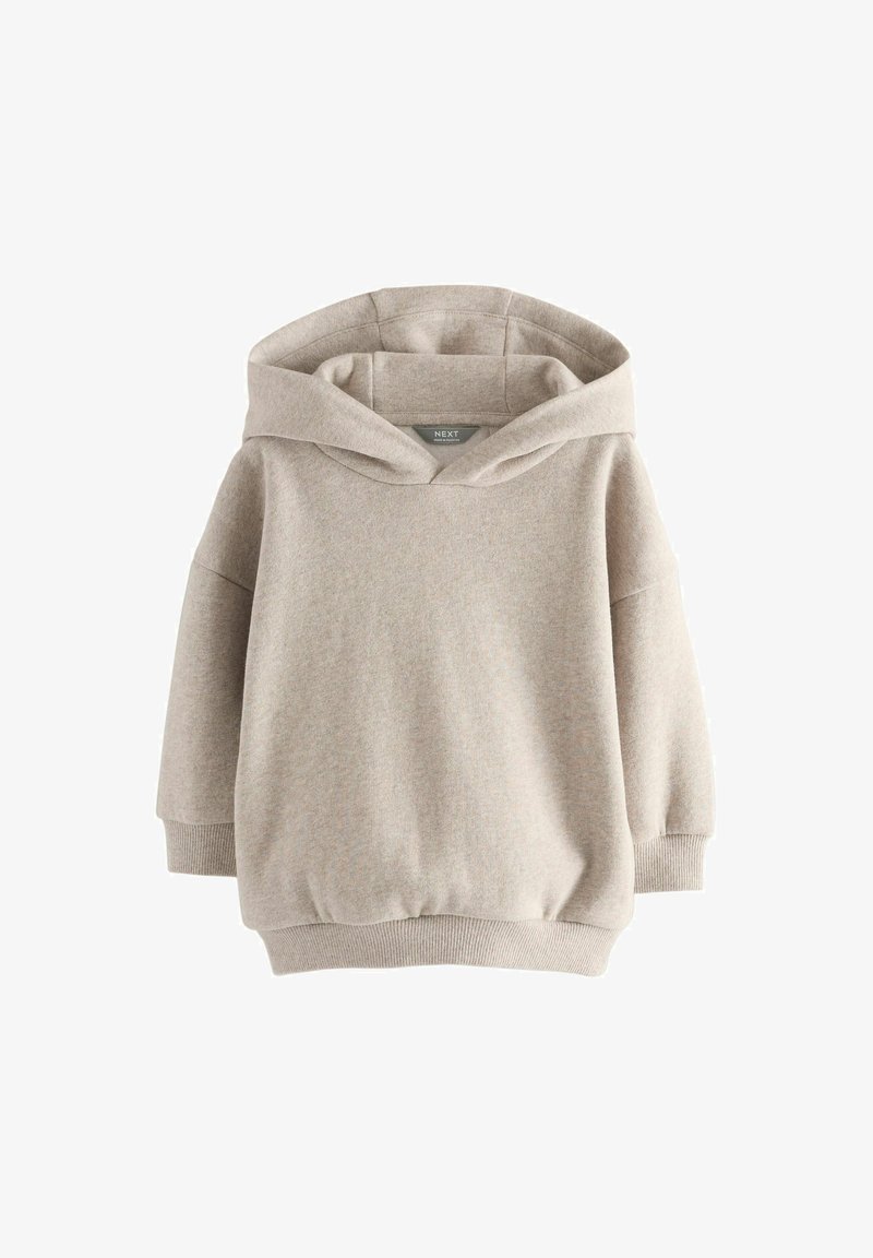 Hellbeiger Oversize-Hoodie mit langen Ärmeln und gerippten Bündchen und Saum, auf weißem Hintergrund dargestellt.
