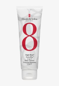 Tube blanche avec un capuchon à clapet, arborant un grand numéro rouge "8" et un logo. Le texte inclut "Eight Hour® HydraPlay™ Nettoyant Quotidien 2-en-1" en noir.