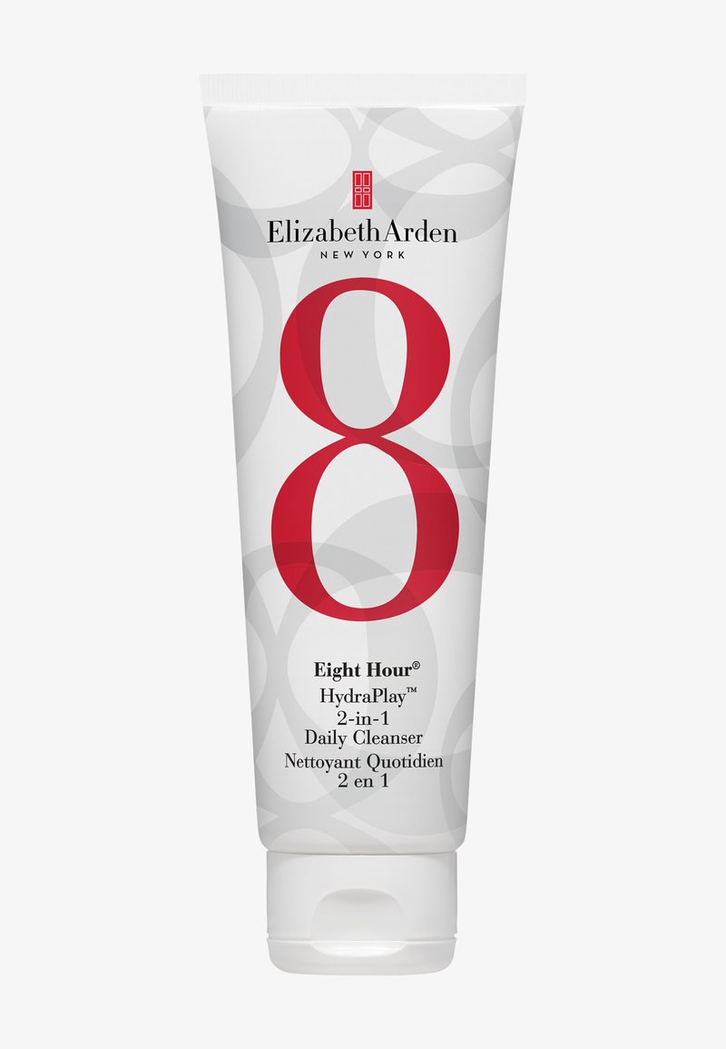 Tube blanche avec un capuchon à clapet, arborant un grand numéro rouge "8" et un logo. Le texte inclut "Eight Hour® HydraPlay™ Nettoyant Quotidien 2-en-1" en noir.