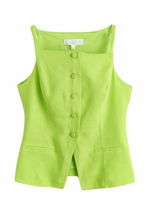 Limetkovo zelený ľanový vrch bez rukávov so štvorcovým výstrihom, piatimi gombíkmi potiahnutými látkou na prednej strane a dvoma malými prednými vreckami.