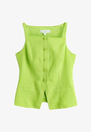 Limetkovo zelený ľanový vrch bez rukávov so štvorcovým výstrihom, piatimi gombíkmi potiahnutými látkou na prednej strane a dvoma malými prednými vreckami.