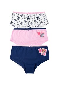 Tre paia di mutandine per bambini: la parte superiore è bianca con motivi geometrici blu, la parte centrale è rosa con una stampa di personaggi e la parte inferiore è blu scuro con un dettaglio di accento.