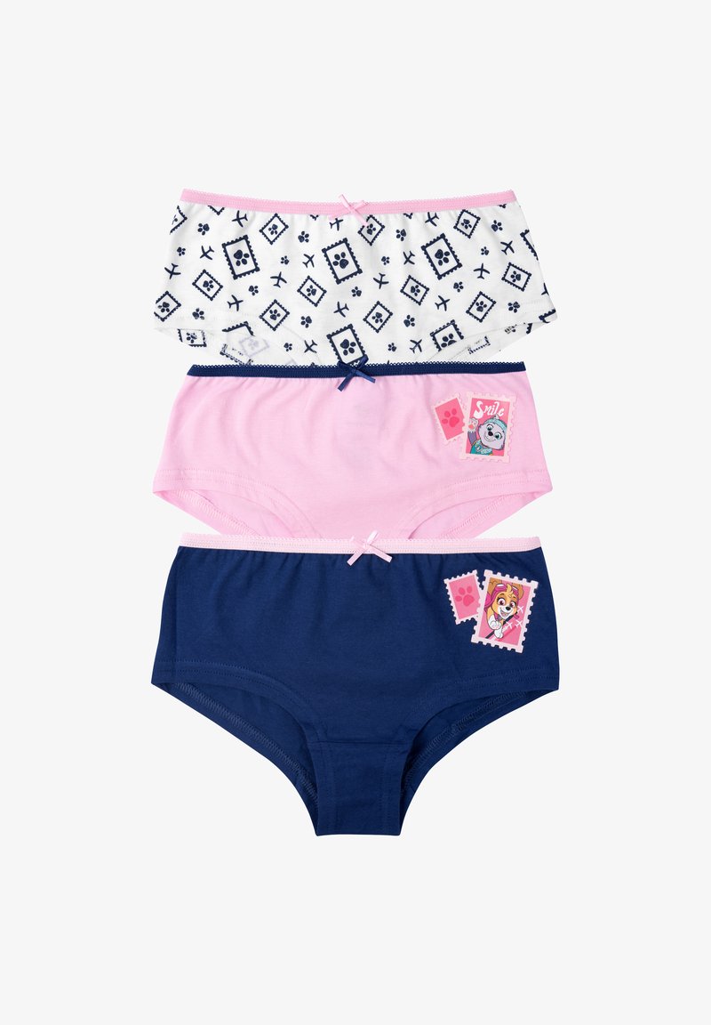 Tre paia di mutandine per bambini: la parte superiore è bianca con motivi geometrici blu, la parte centrale è rosa con una stampa di personaggi e la parte inferiore è blu scuro con un dettaglio di accento.