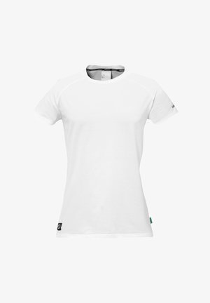 White short-sleeve athletic T-shirt made of smooth fabric. Features a round neckline, raglan sleeves, and a small logo on the sleeve.